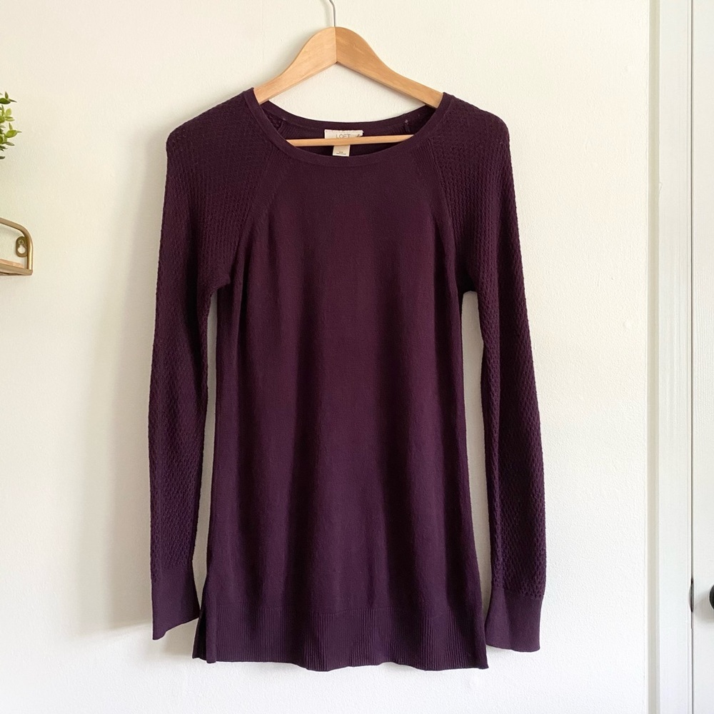 LOFT Purple Knit Sweater | Eggplant Textured Sleeve